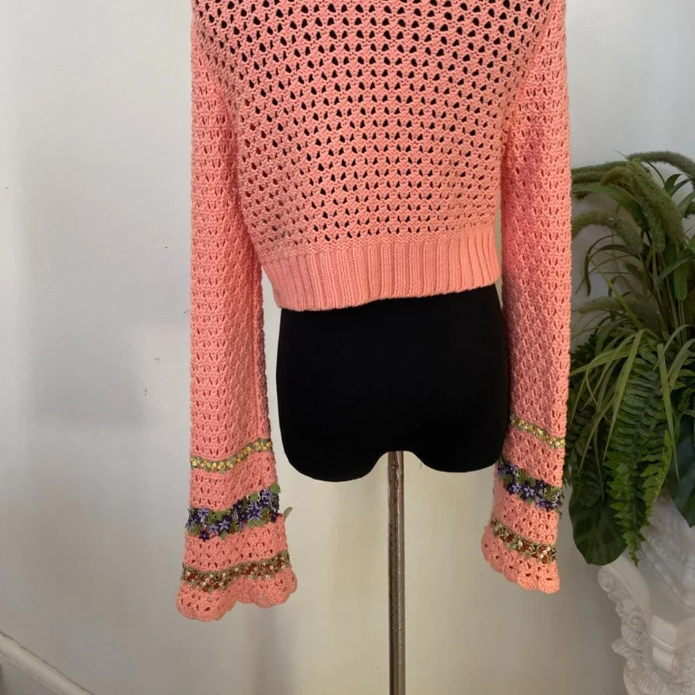 Free People‎ Knit Embroidery Peach Floral Boho Button Short Sweater Top Size L